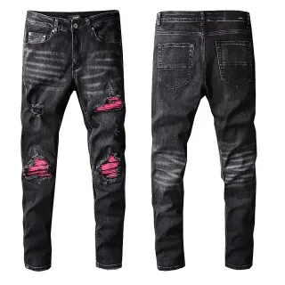 Amiri Pantalones vaqueros negros y rosas ajustados desgastados