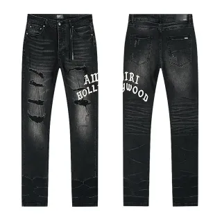 Amiri Hollywood Embroidered Distressed Black Slim-Fit Jeans