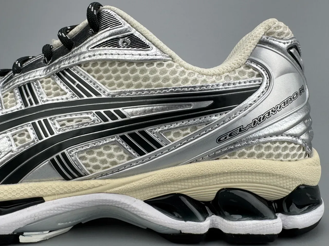 ASICS Gel-Kayano 14 Silver Black Cream Running Shoes 5