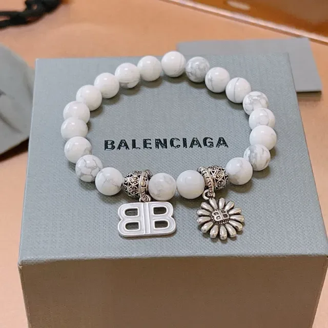 Balenciaga B-Bead White Marbled Stone and Silver-Tone Charm Bracelet 2