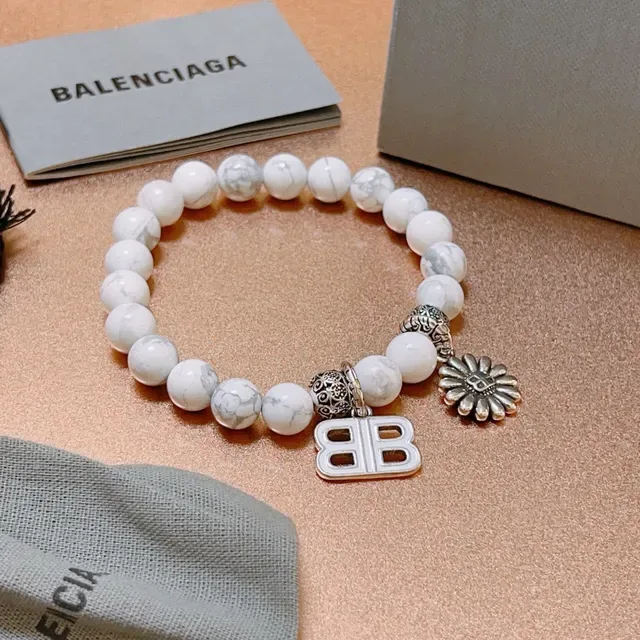 Balenciaga B-Bead White Marbled Stone and Silver-Tone Charm Bracelet 3
