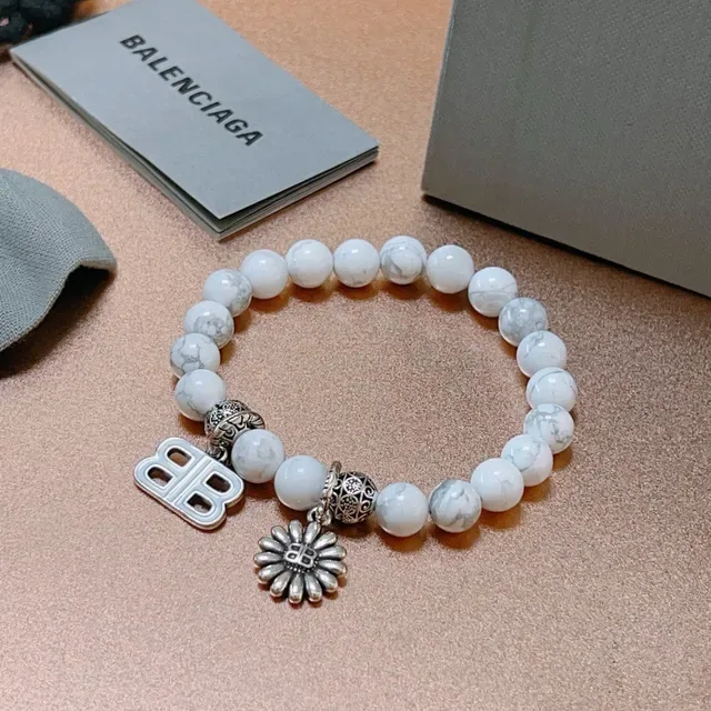 Balenciaga B-Bead White Marbled Stone and Silver-Tone Charm Bracelet 4