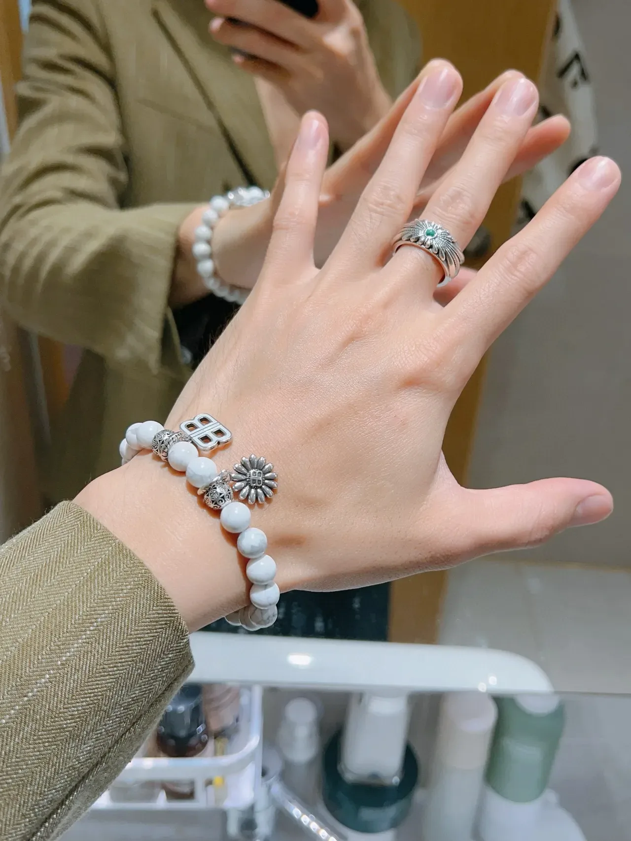 Balenciaga B-Bead White Marbled Stone and Silver-Tone Charm Bracelet 5