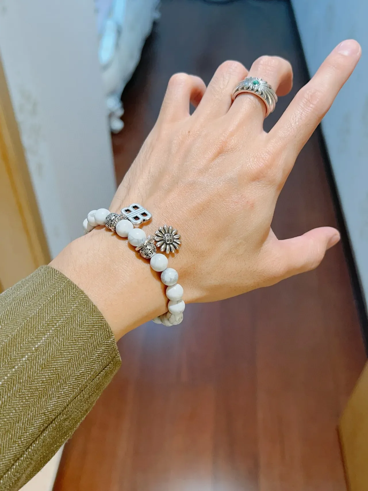 Balenciaga B-Bead White Marbled Stone and Silver-Tone Charm Bracelet 6