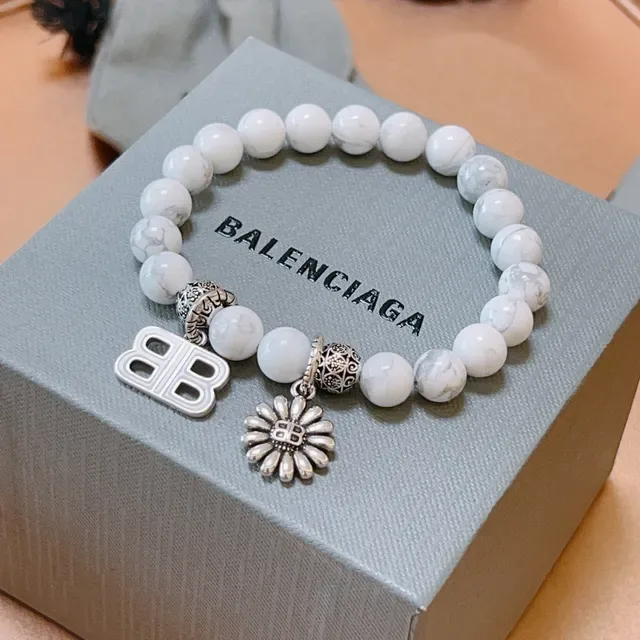 Balenciaga B-Bead White Marbled Stone and Silver-Tone Charm Bracelet 7