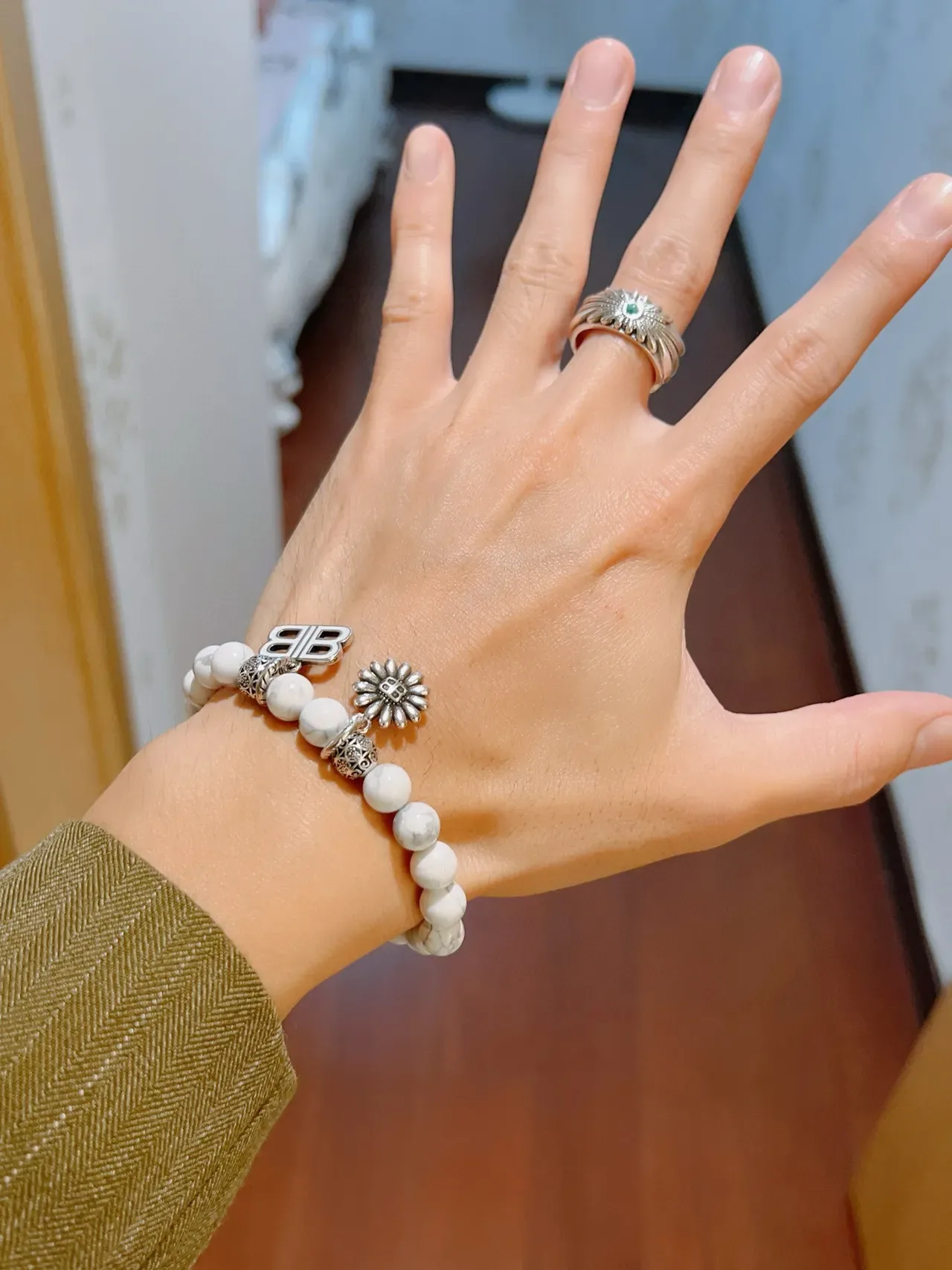 Balenciaga B-Bead White Marbled Stone and Silver-Tone Charm Bracelet 8