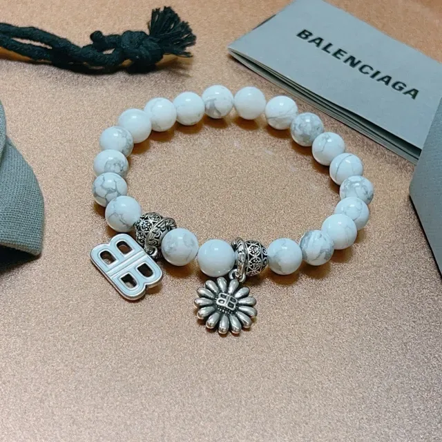 Balenciaga B-Bead White Marbled Stone and Silver-Tone Charm Bracelet 9