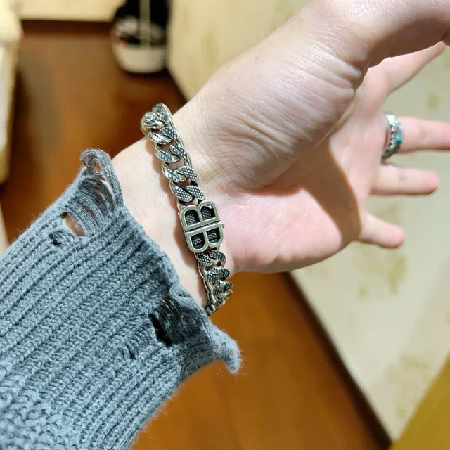 Balenciaga BB Chain 银黑 粗 Curb-Link 抛光金属 手链 7