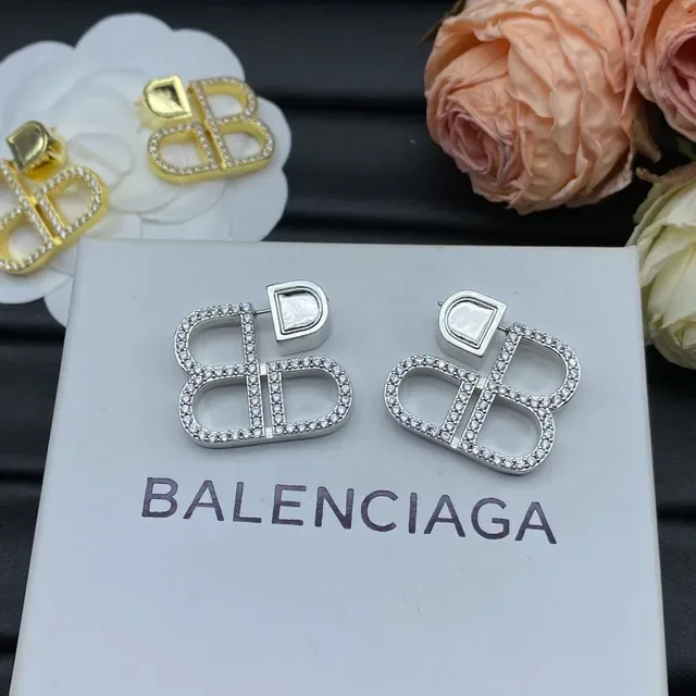 Balenciaga BB Gold Silver Interlocking Logo Pavé-Crystal Embellished Earrings 3