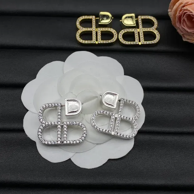 Balenciaga BB Gold Silver Interlocking Logo Pavé-Crystal Embellished Earrings 4