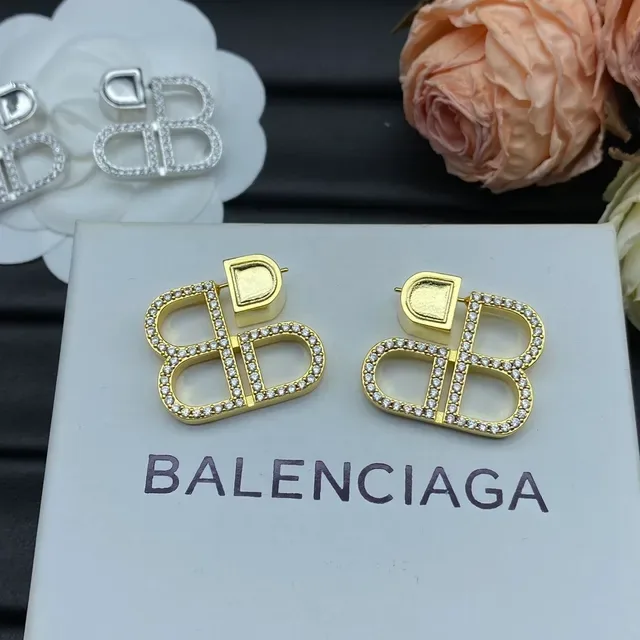 Balenciaga BB Gold Silver Interlocking Logo Pavé-Crystal Embellished Earrings 5