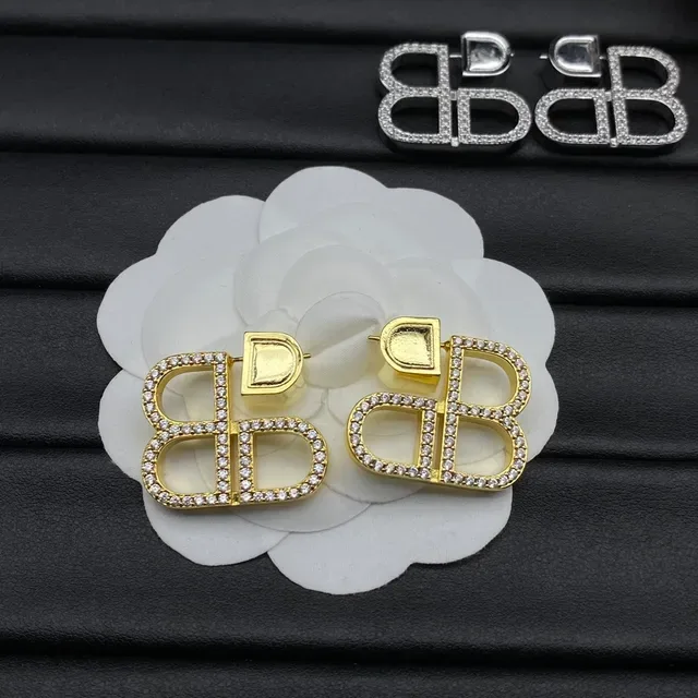 Balenciaga BB Gold Silver Interlocking Logo Pavé-Crystal Embellished Earrings 6