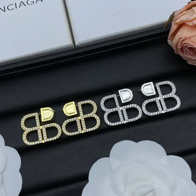 Balenciaga BB Gold Silver Interlocking Logo Pavé-Crystal Embellished Earrings 7