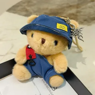 Balenciaga Beige Blue Plush Teddy Bear Denim-Style Hat And Overalls Handbag