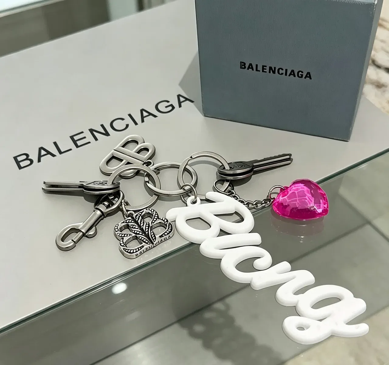 Balenciaga Keychain Collection White Silver Cursive Logo Metallic Monogram Bracelet 2