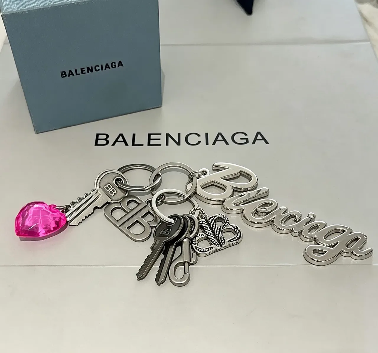 Balenciaga Keychain Collection White Silver Cursive Logo Metallic Monogram Bracelet 4