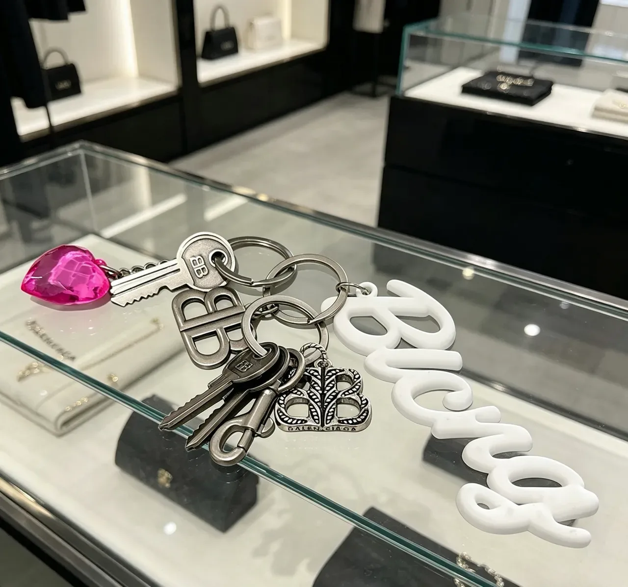 Balenciaga Keychain Collection White Silver Cursive Logo Metallic Monogram Bracelet 5
