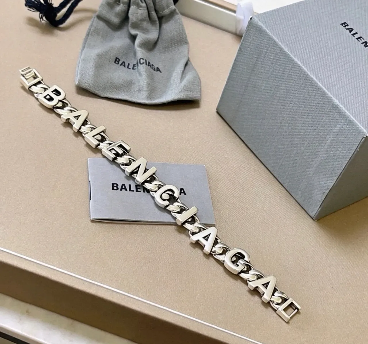 Balenciaga Logo Chain Silver Gray Chunky Curb 3D Lettering Bracelet 2