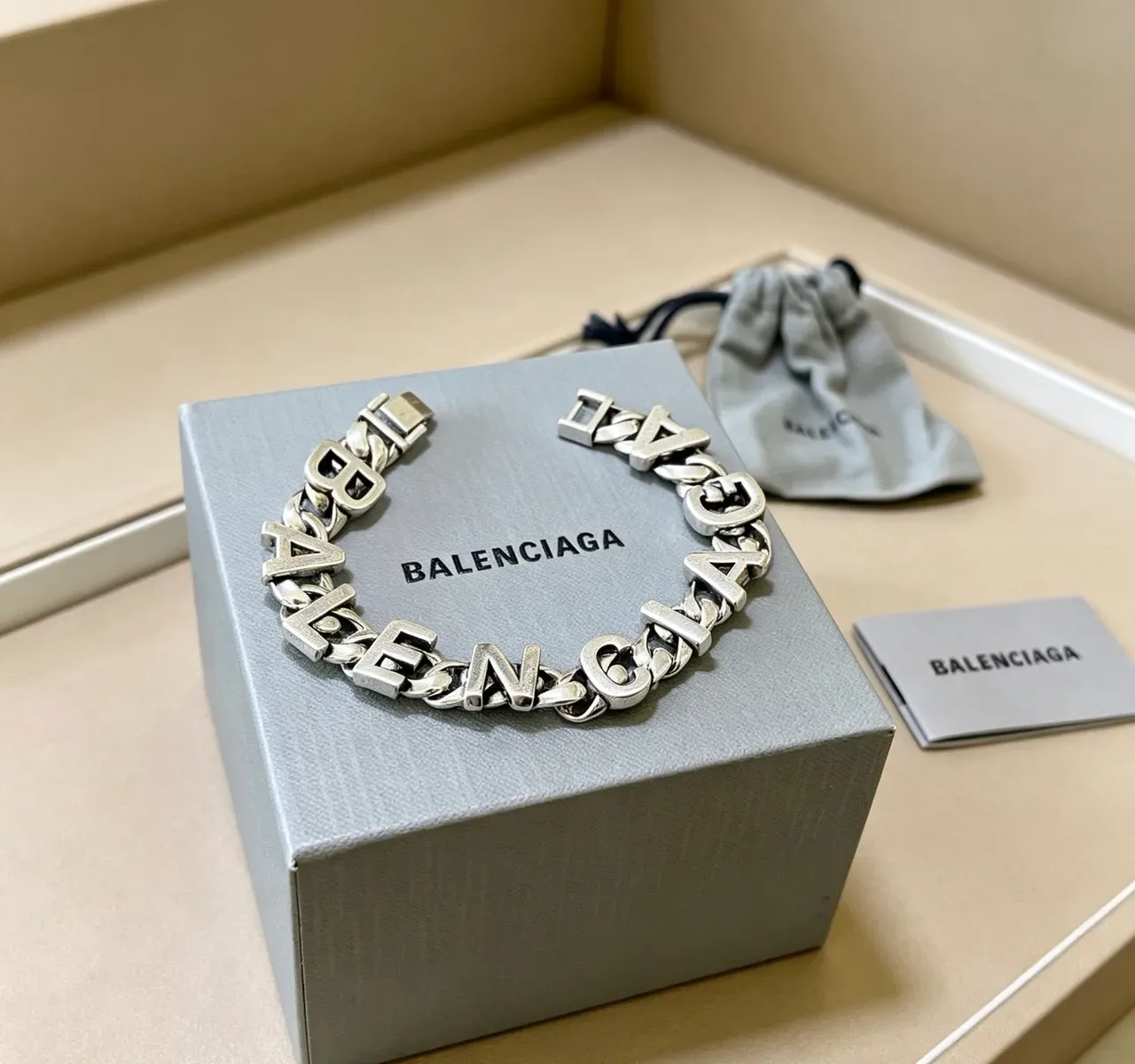 Balenciaga Logo Chain Silver Gray Chunky Curb 3D Lettering Bracelet 4