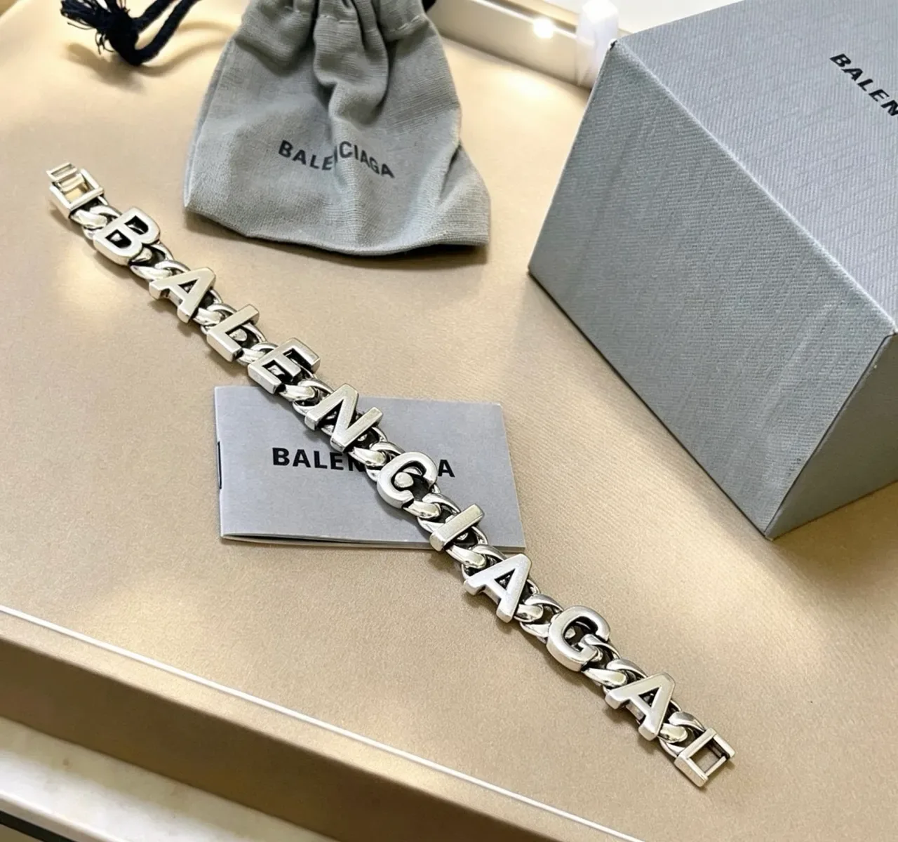 Balenciaga Logo Chain Silver Gray Chunky Curb 3D Lettering Bracelet 6