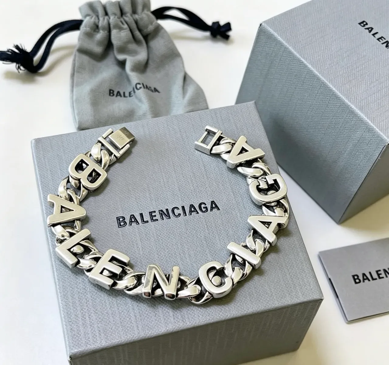 Balenciaga Logo Chain Silver Gray Chunky Curb 3D Lettering Bracelet 7