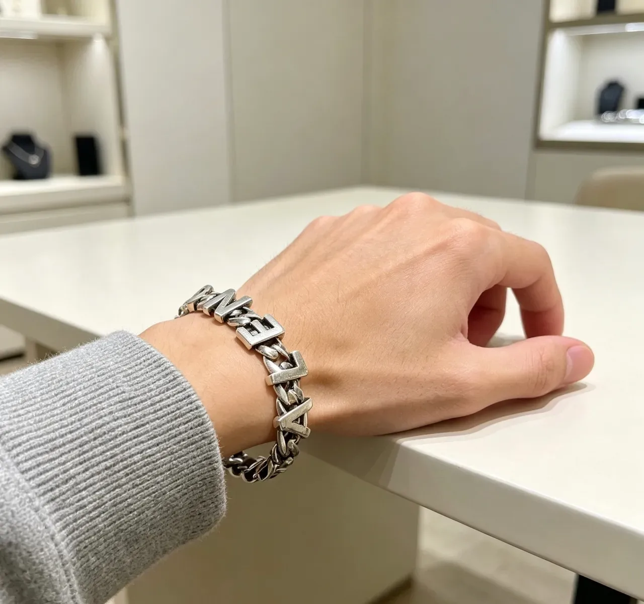 Balenciaga Logo Chain Silver Gray Chunky Curb 3D Lettering Bracelet 8