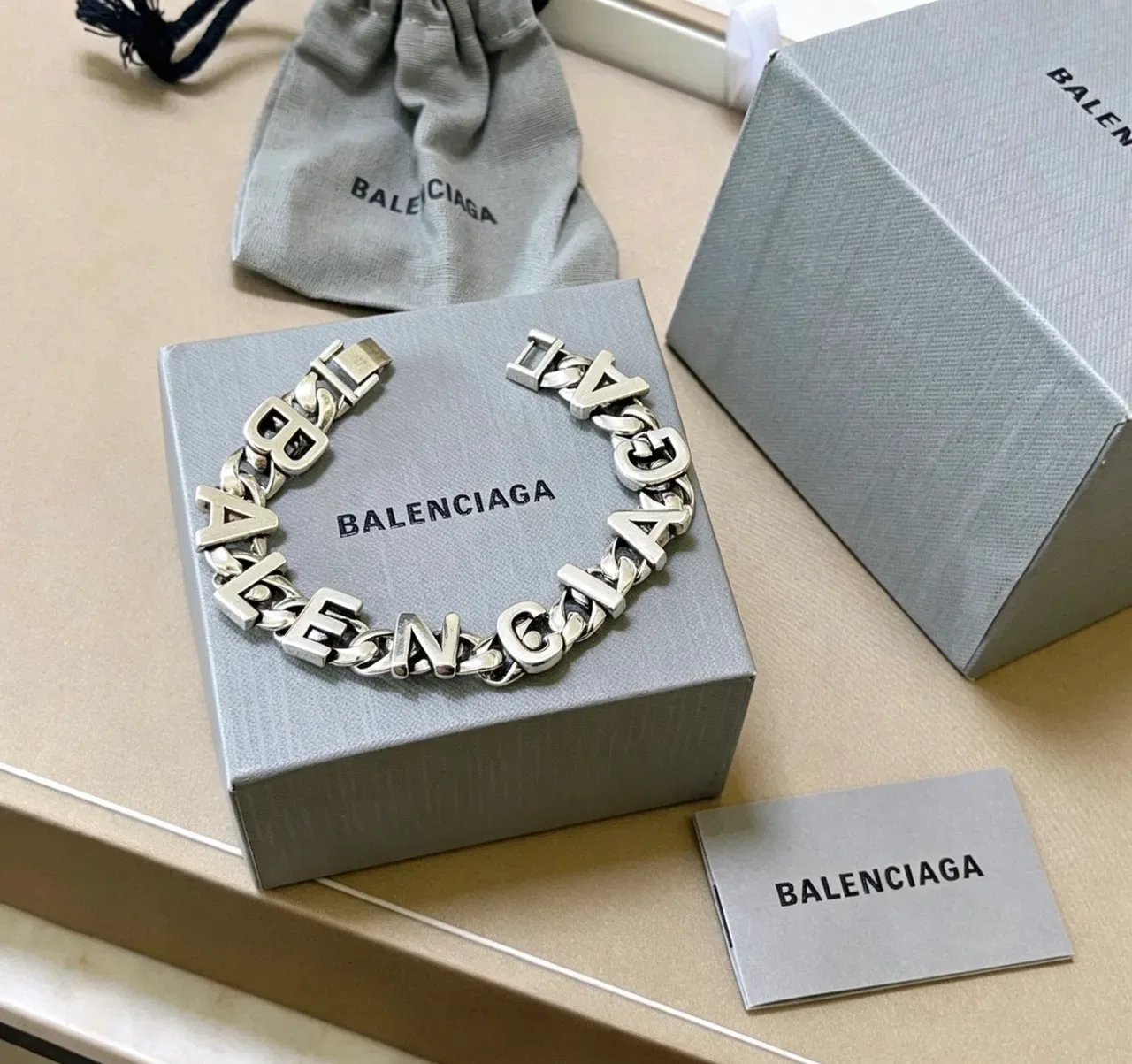 Balenciaga Logo Chain Silver Gray Chunky Curb 3D Lettering Bracelet 9