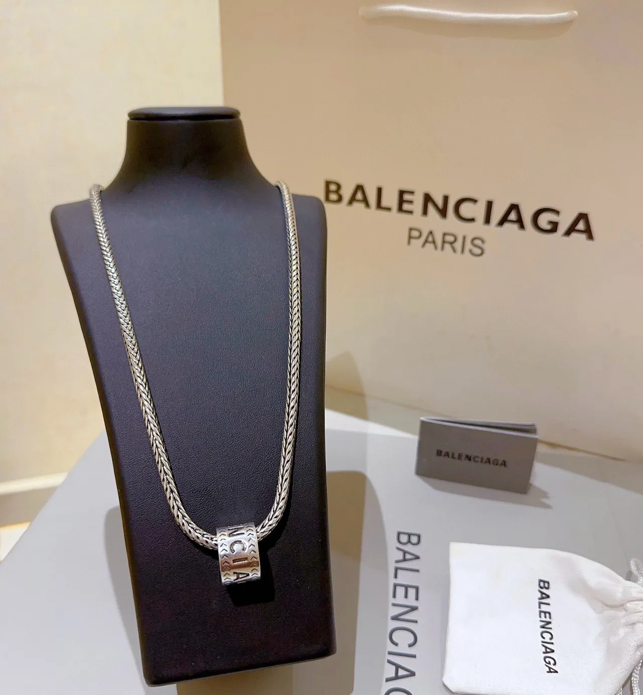Balenciaga Logo Cylinder Necklace Silver Black Braided Chain Cylindrical Pendant Necklace 3