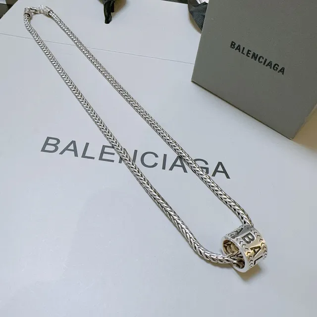 Balenciaga Logo Cylinder Necklace Silver Black Braided Chain Cylindrical Pendant Necklace 5