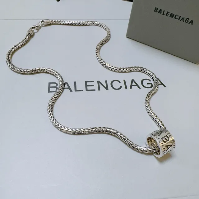 Balenciaga Logo Cylinder Necklace Silver Black Braided Chain Cylindrical Pendant Necklace 2