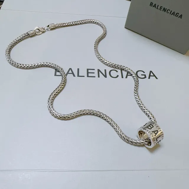 Balenciaga Logo Cylinder Necklace Silver Black Braided Chain Cylindrical Pendant Necklace 8