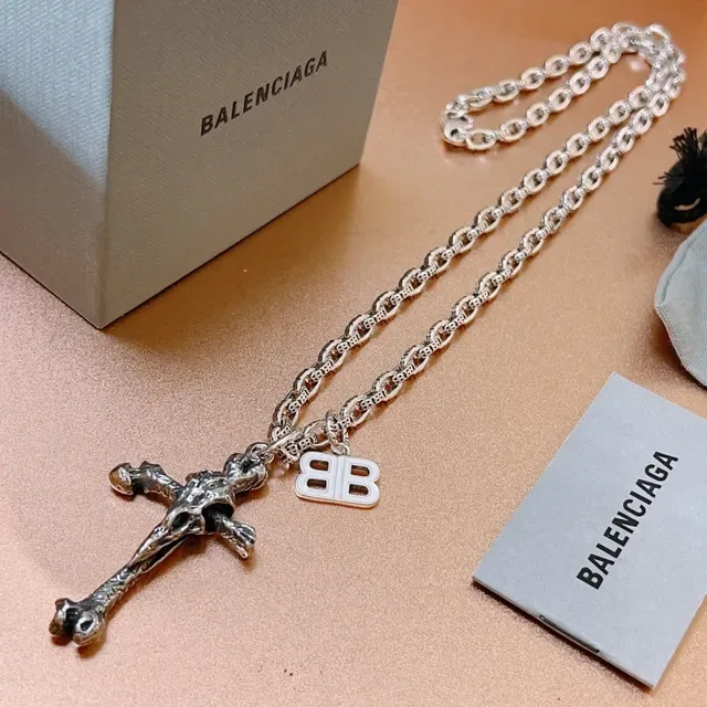 Balenciaga Silver Gray Sculpted Bone Cross Pendant Chunky Patterned Link Chain Necklace 3
