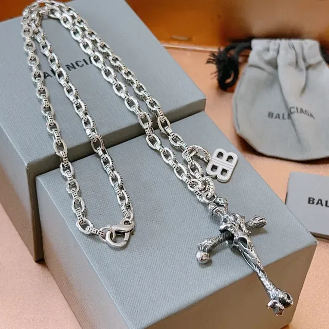 Balenciaga Silver Gray Sculpted Bone Cross Pendant Chunky Patterned Link Chain Necklace 4