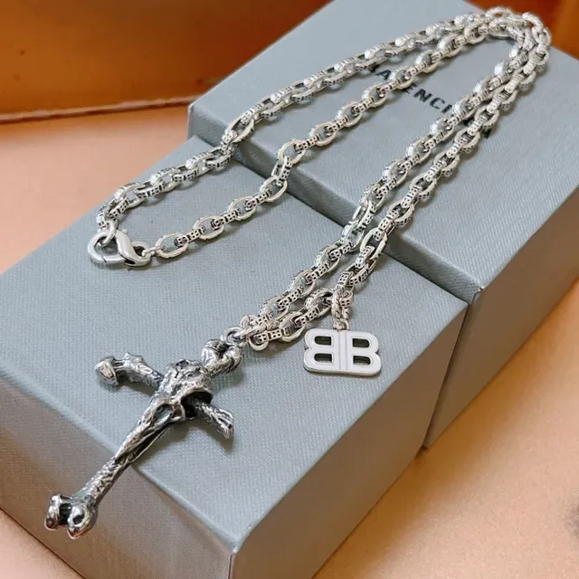 Balenciaga Silver Gray Sculpted Bone Cross Pendant Chunky Patterned Link Chain Necklace 6