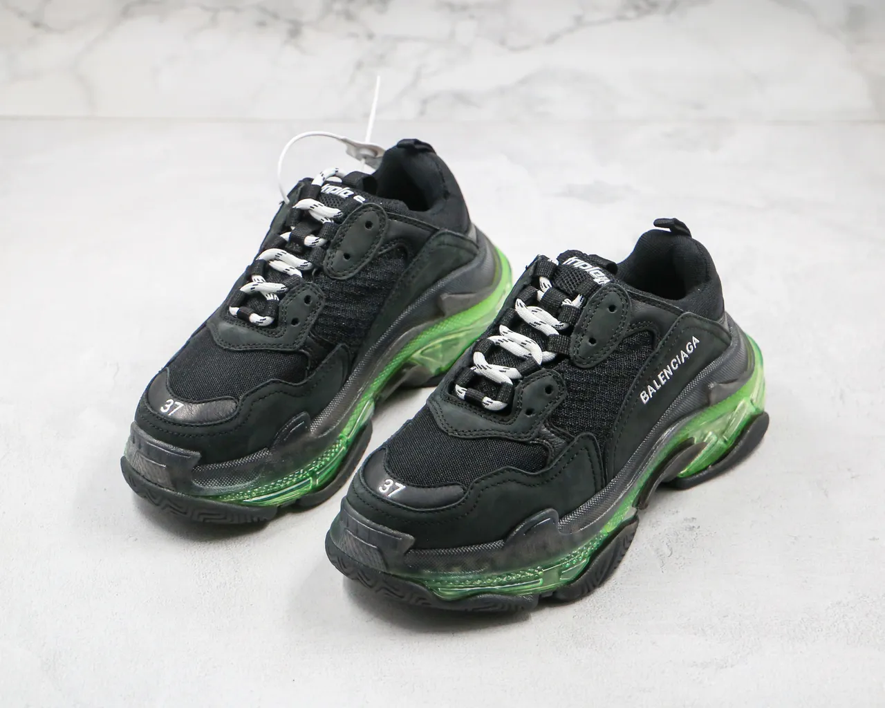 بالنسياغا تريبل إس أسود وأخضر حذاء رياضي كبير الحجم قاعدة متعددة الطبقات cushioning شفاف حذاء رياضي سميك 7