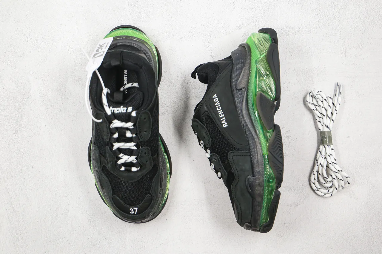 بالنسياغا تريبل إس أسود وأخضر حذاء رياضي كبير الحجم قاعدة متعددة الطبقات cushioning شفاف حذاء رياضي سميك 9