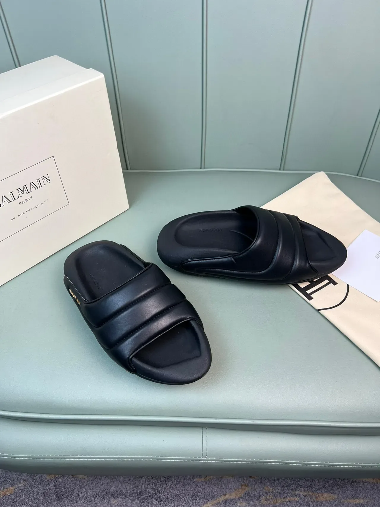 Balmain B-Court Black Gold Padded Strap Molded Sole Slippers 6