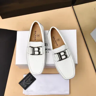 Balmain B-Court White Silver Pebbled Leather Metal Buckle Loafer