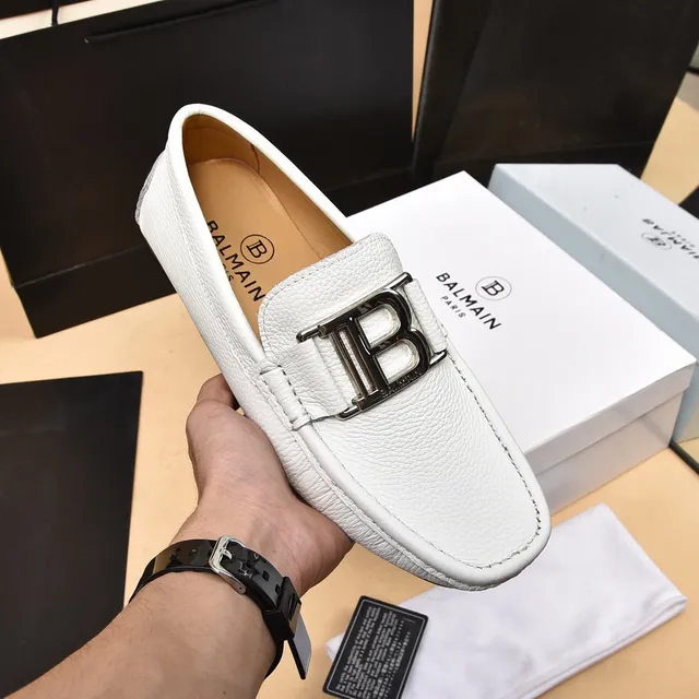 Balmain B-Court 白银 粒面皮革 金属扣 乐福鞋 6