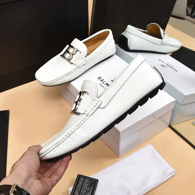 Balmain B-Court 白银 粒面皮革 金属扣 乐福鞋 8