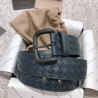 Bottega Veneta Intrecciato Woven Belt Blue Black Matte Rectangular Buckle Leather Belt