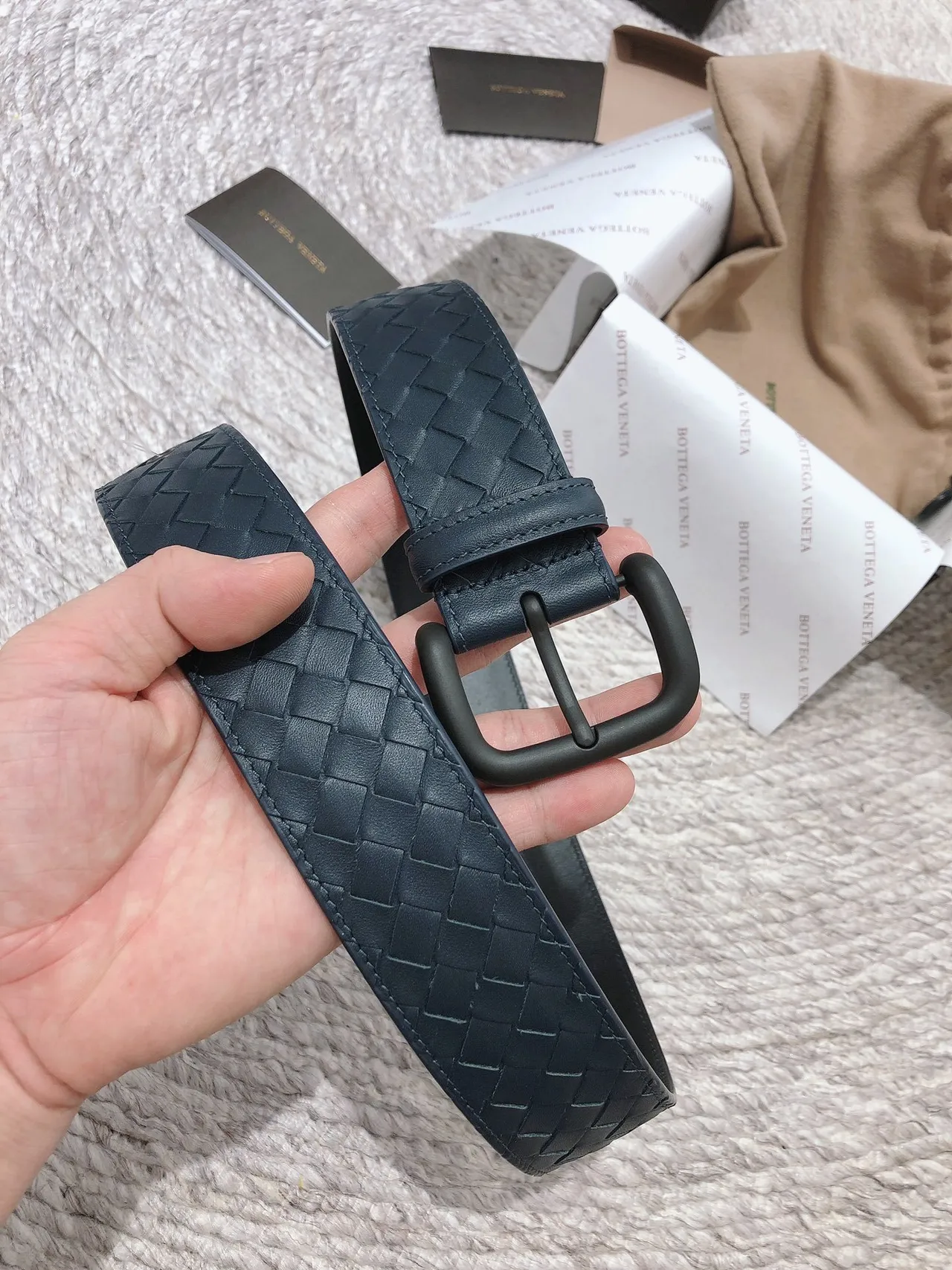 Bottega Veneta Intrecciato Woven Belt Blue Black Matte Rectangular Buckle Leather Belt 2