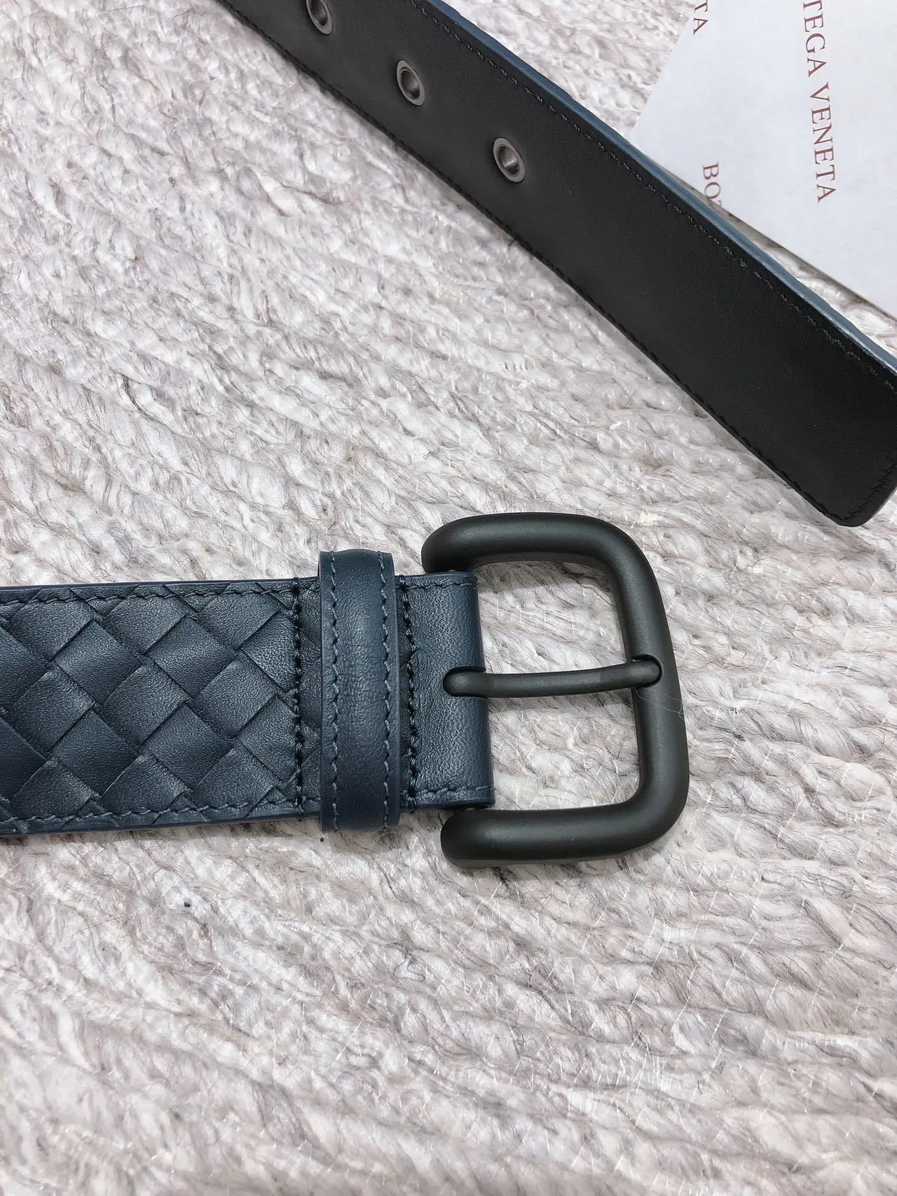 Bottega Veneta Intrecciato Woven Belt Blue Black Matte Rectangular Buckle Leather Belt 4