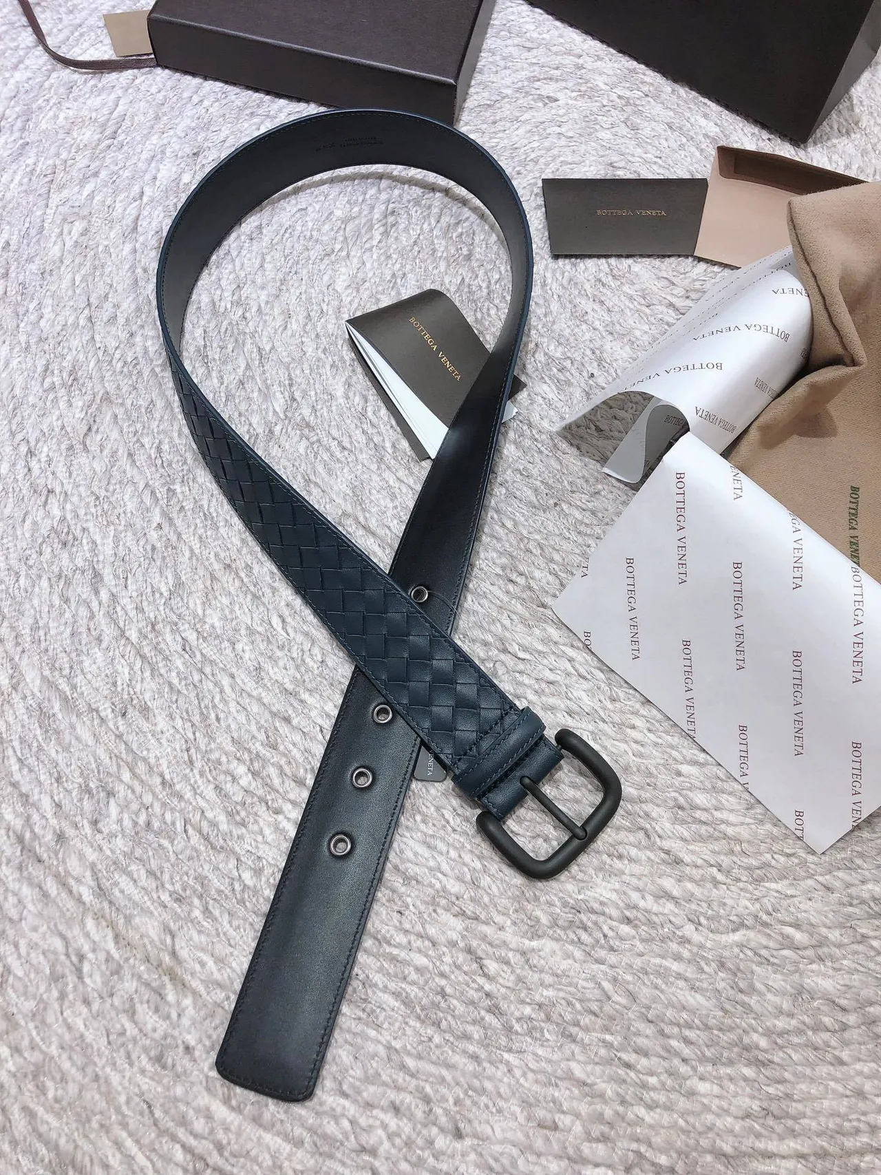 Bottega Veneta Intrecciato Woven Belt Blue Black Matte Rectangular Buckle Leather Belt 5