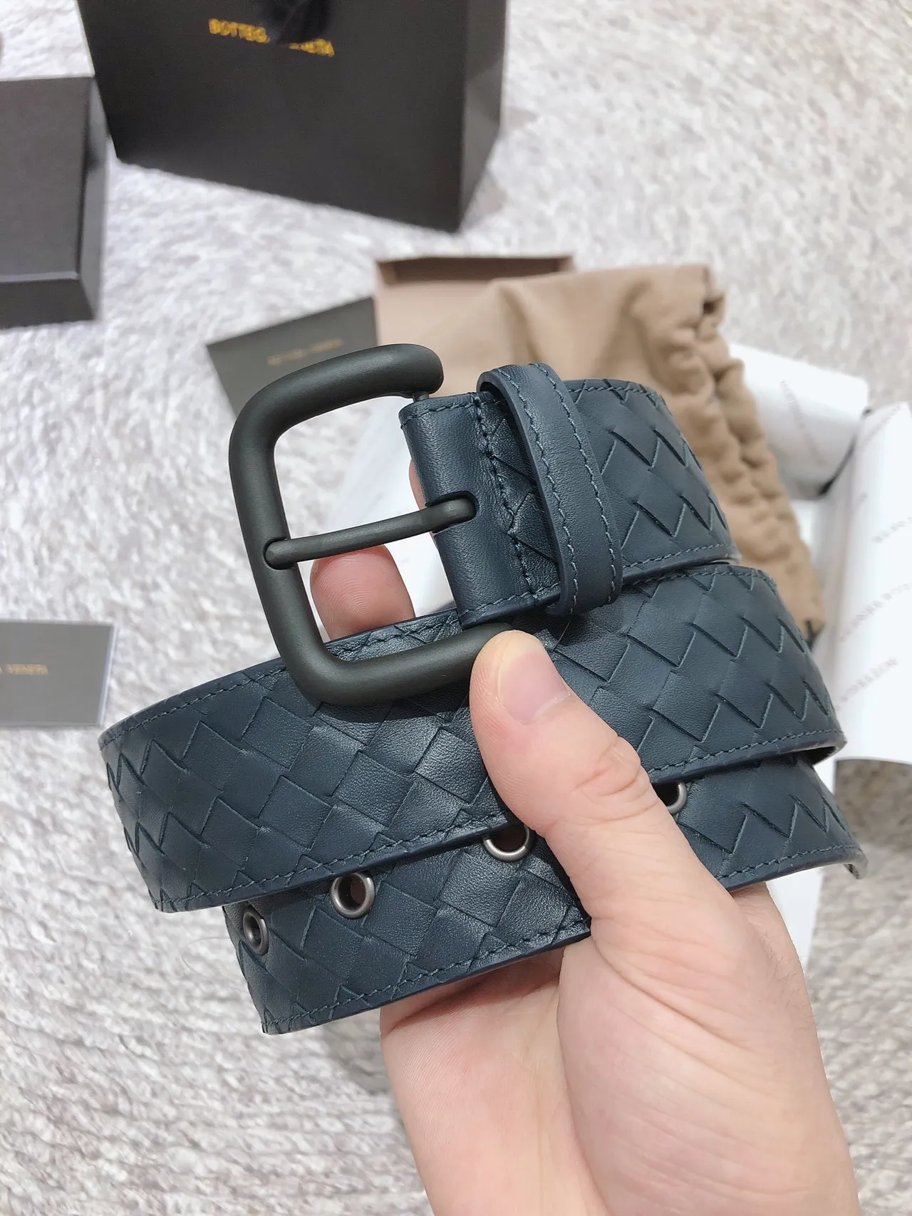 Bottega Veneta Intrecciato Woven Belt Blue Black Matte Rectangular Buckle Leather Belt 6