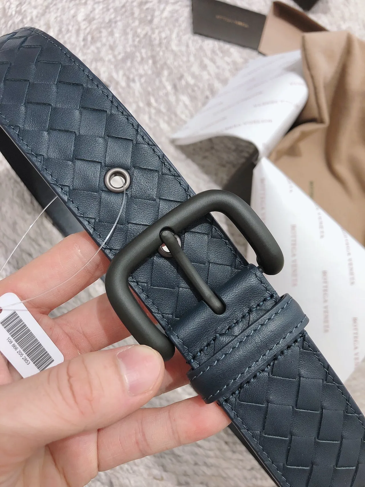 Bottega Veneta Intrecciato Woven Belt Blue Black Matte Rectangular Buckle Leather Belt 7