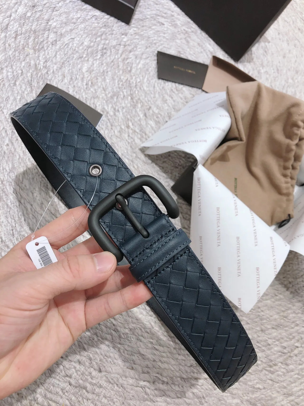Bottega Veneta Intrecciato Woven Belt Blue Black Matte Rectangular Buckle Leather Belt 8