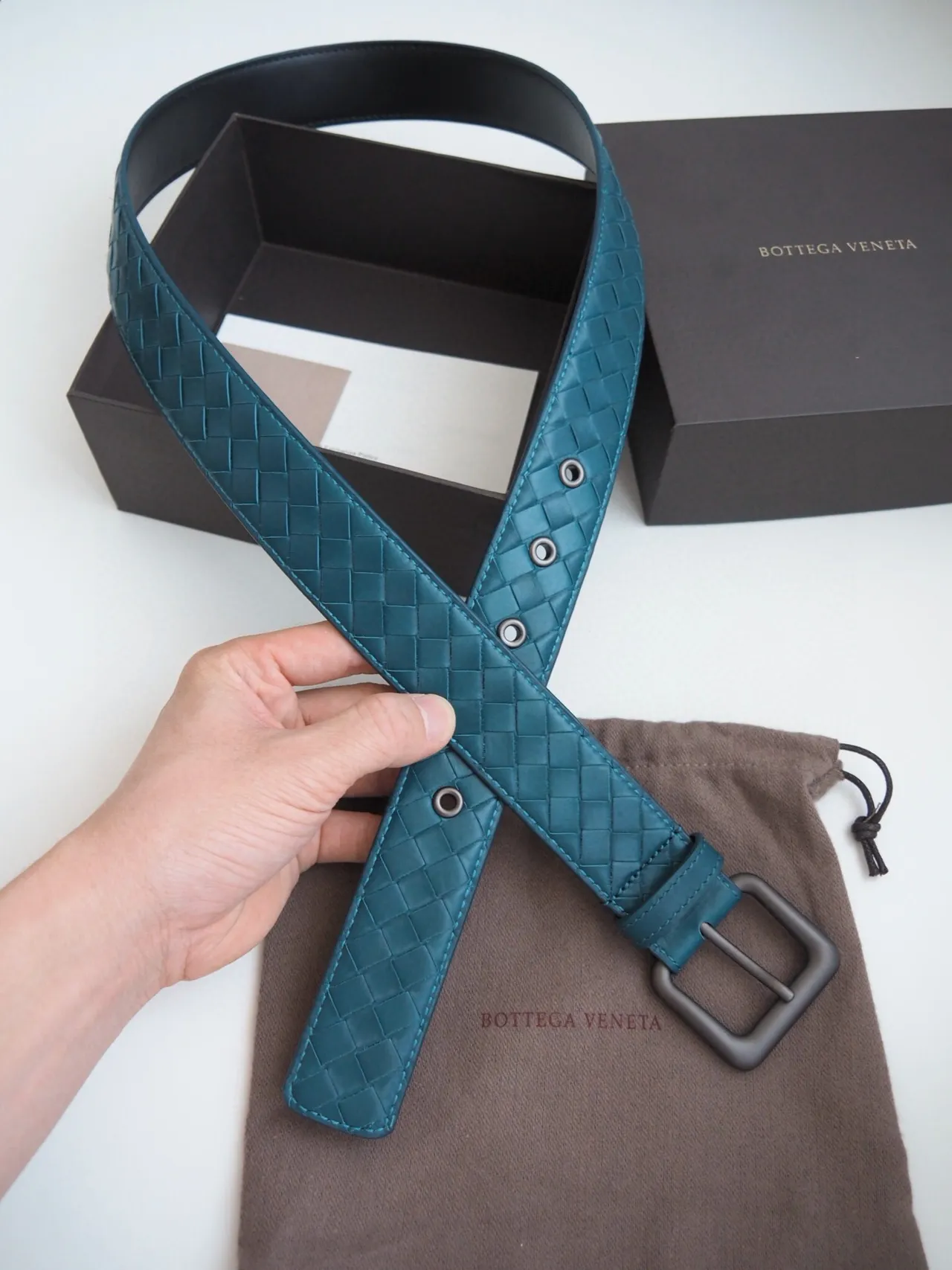 Bottega Veneta Intrecciato Woven Teal Leather Belt 5
