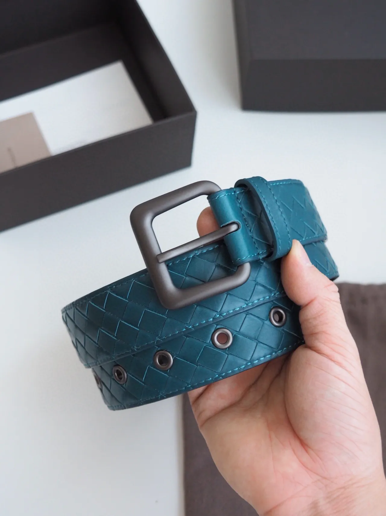 Bottega Veneta Intrecciato Woven Teal Leather Belt 6