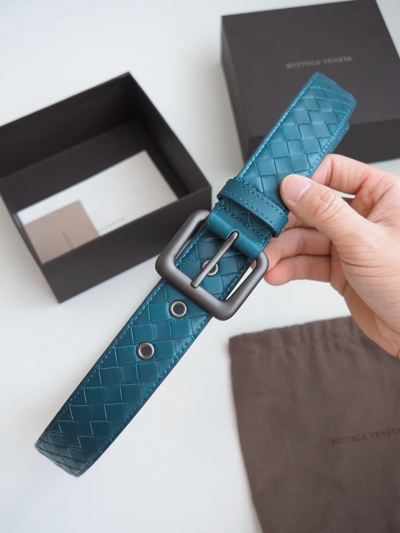 Bottega Veneta Intrecciato Woven Teal Leather Belt 8